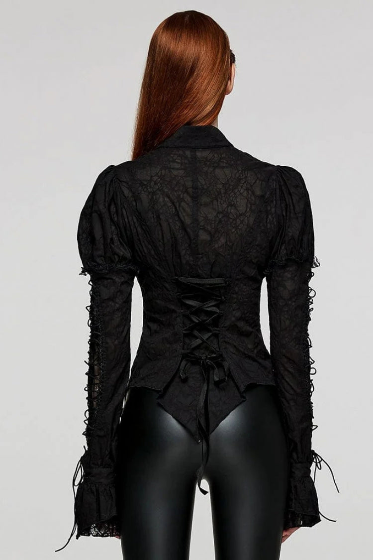 Women's Lapel Collar Long Sleeves Print Stitching Lace Gothic Blouse 2 Colors - Product - 4