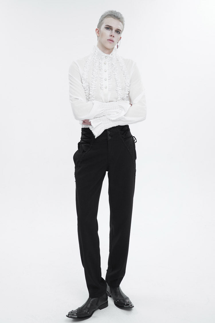 White Irregular Stand Collar Puff Sleeved Ruffled Men's Gothic Shirt - Product - 3
