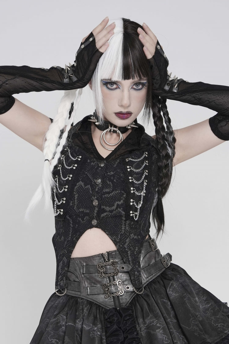 Black Off Shoulder Lace-Up Irregular Chain-Decorated Women's Punk Vest - Product - 10
