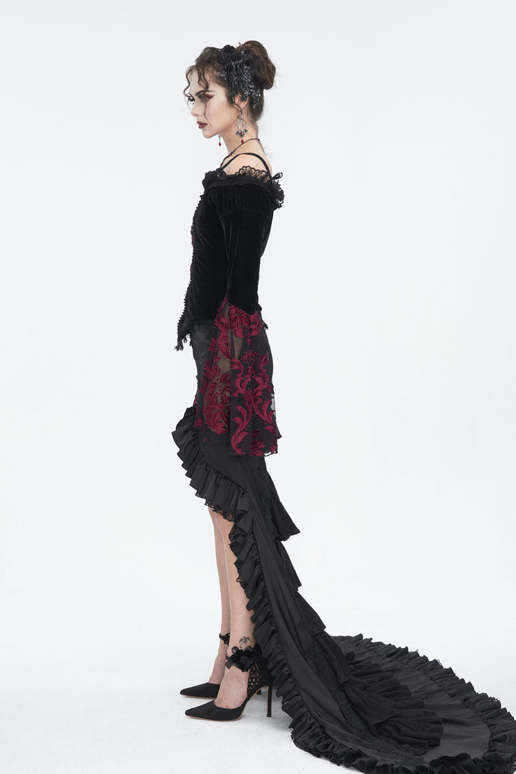 Black/Red Off Shoulder Trumpet Sleeves Embroidery Lace Women's Gothic Blouse - Product - 4