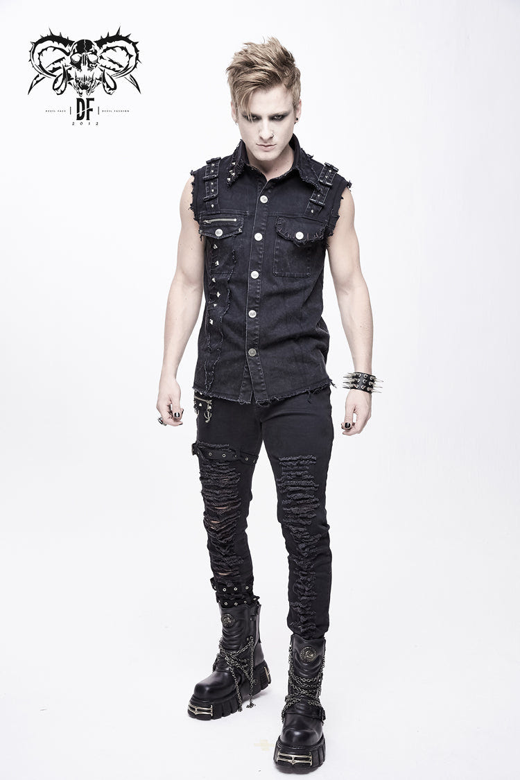 Black Faded Shoulder Bullet Clip Rivet Men's Punk Waistcoat - Product - 3