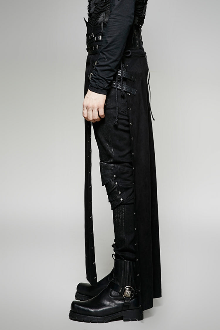 Black Metal Buckle PU Leather Buckle Lace-Up Men's Steampunk Skirt - Product - 2