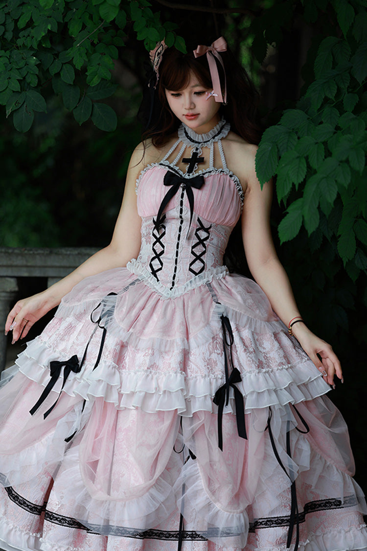 Pink Cross Halterneck Ruffle Bowknot Lace Lace-Up Princess Sweet Lolita Dress - Product - 2