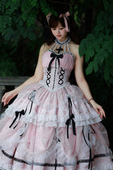 Pink Cross Halterneck Ruffle Bowknot Lace Lace-Up Princess Sweet Lolita Dress - Product - 2