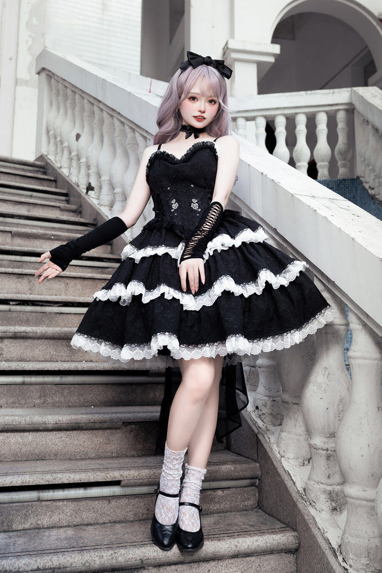 Black Triple-Layered Ruffle Embroidery Bowknot Gothic Lolita Jsk Dress - Product - 5