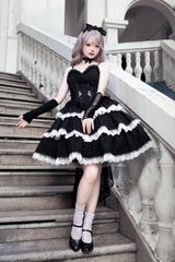 Black Triple-Layered Ruffle Embroidery Bowknot Gothic Lolita Jsk Dress - Product - 5