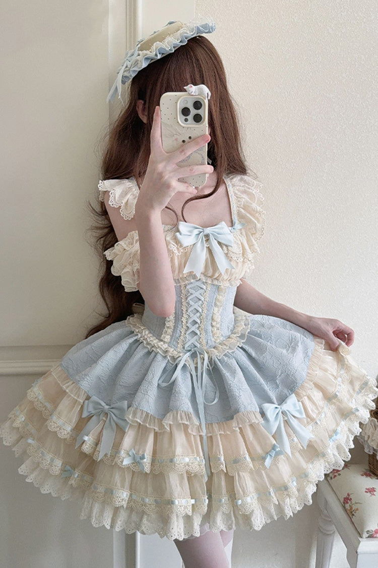 Blue [Flory Butterfly] Double-Layered Ruffle Bowknot Lace Lace-Up Sweet Ballet Lolita Jsk Dress - Blue - 1