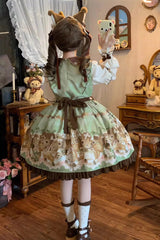 Green [Squirrel Chocolate Shop] Doll Collar Long Sleeves Printed Ruffled Bow Sweet Lolita Dress - Product - 7