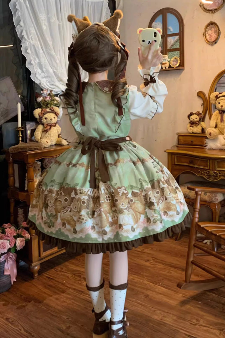 Green [Squirrel Chocolate Shop] Doll Collar Long Sleeves Printed Ruffled Bow Sweet Lolita Dress - Product - 7