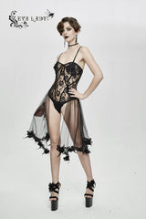 Black Translucent Rose Lace Mesh Hem Sling Women's Gothic Jumpsuit - Product - 2