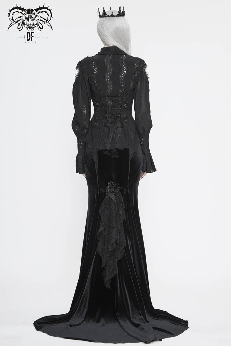 Black Front Chest Webbing Appliques Hollow-Out Lantern Sleeve Flare Cuff Back Waist Lace Up Women's Gothic Blouse - Product - 6