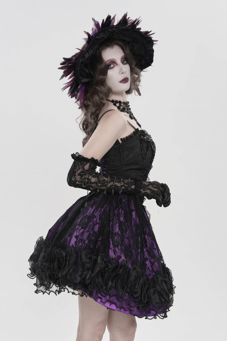 Black/Purple Off Shoulder Double-Layered Printed Cut-Out Lace Lace-Up Women's Gothic Jsk Dress - Product - 11