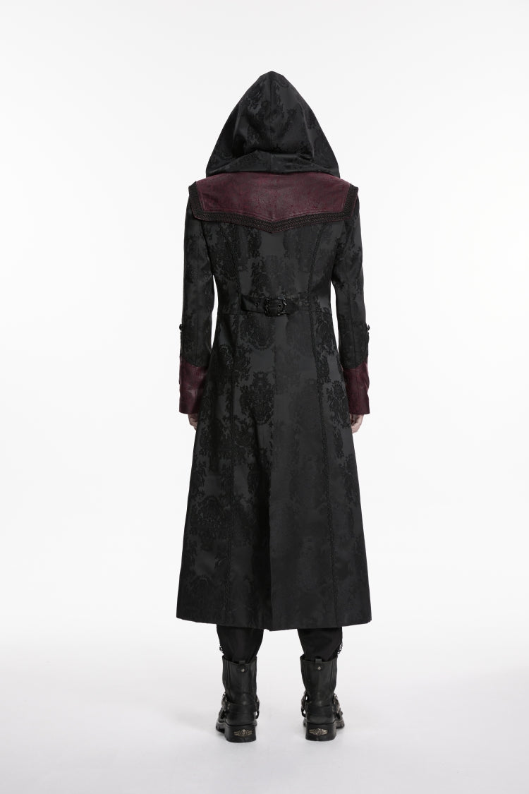 Black/Red Long Sleeves Jacquard Embroidered Spliced Lace Hooded Color-Blocked Men's Punk Cool Coat - Product - 4