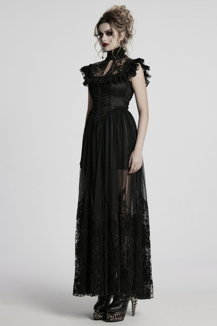Black Stand Collar Hollow Embroidery Flocking Mesh Women's Gothic Formal Dress - Product - 2