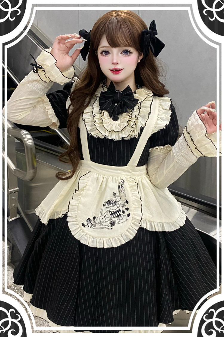 Black Short Sleeves Stripe Print Ruffle Bowknot Sweet Plus Size Maid Lolita Dress - Product - 2