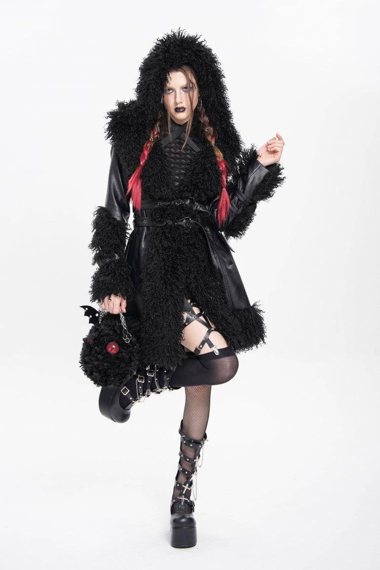 Black Long Sleeves Plush Stitching Buckle Hooded Straps Women's Punk Coat - Product - 2