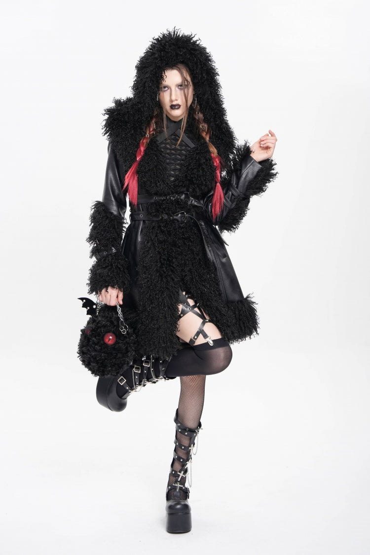 Black Long Sleeves Plush Stitching Buckle Hooded Straps Women's Punk Coat - Product - 2
