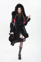 Black Long Sleeves Plush Stitching Buckle Hooded Straps Women's Punk Coat - Product - 2