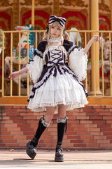 White/Black Short Sleeves Cardigan Bowknot Doll Sweet Lolita Dress - White/Black - 1