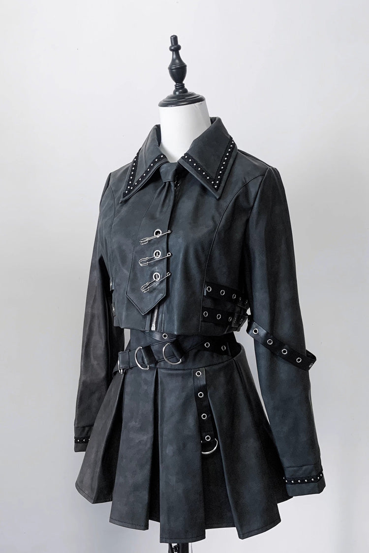 Black [Eternal Night of Bones] Lapel Collar Long Sleeves Studded Eyelet Gothic Jirai Kei Japanese Handsome Top and Skirt Set - Product - 3