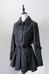 Black [Eternal Night of Bones] Lapel Collar Long Sleeves Studded Eyelet Gothic Jirai Kei Japanese Handsome Top and Skirt Set - Product - 3