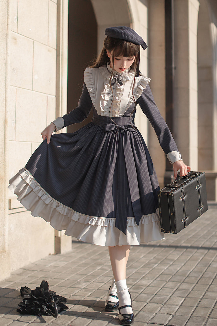 Dark Blue [Berlin Evening News] Long Sleeves Striped Print Ruffle Bowknot British College Style Elegant Sweet Lolita Dress - Product - 20