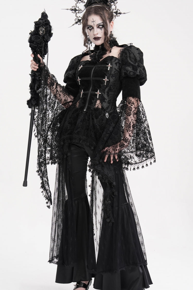 Black Long Sleeves Hollow Lace Tassels Women's Gothic Jacket - Product - 8