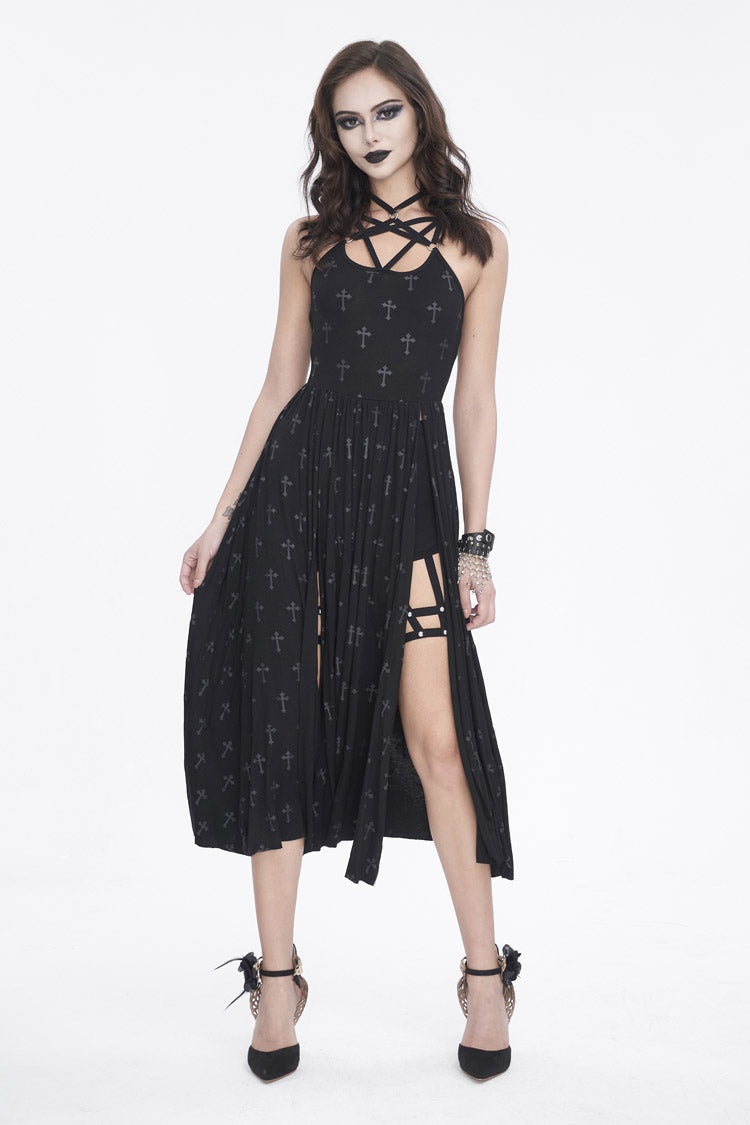 Black Print Strappy Split Womens Gothic Dress - Product - 2