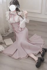 Pink Ruffle Bowknot Slim Sweet Elegant Lolita Fishtail Skirt Dress - Product - 2