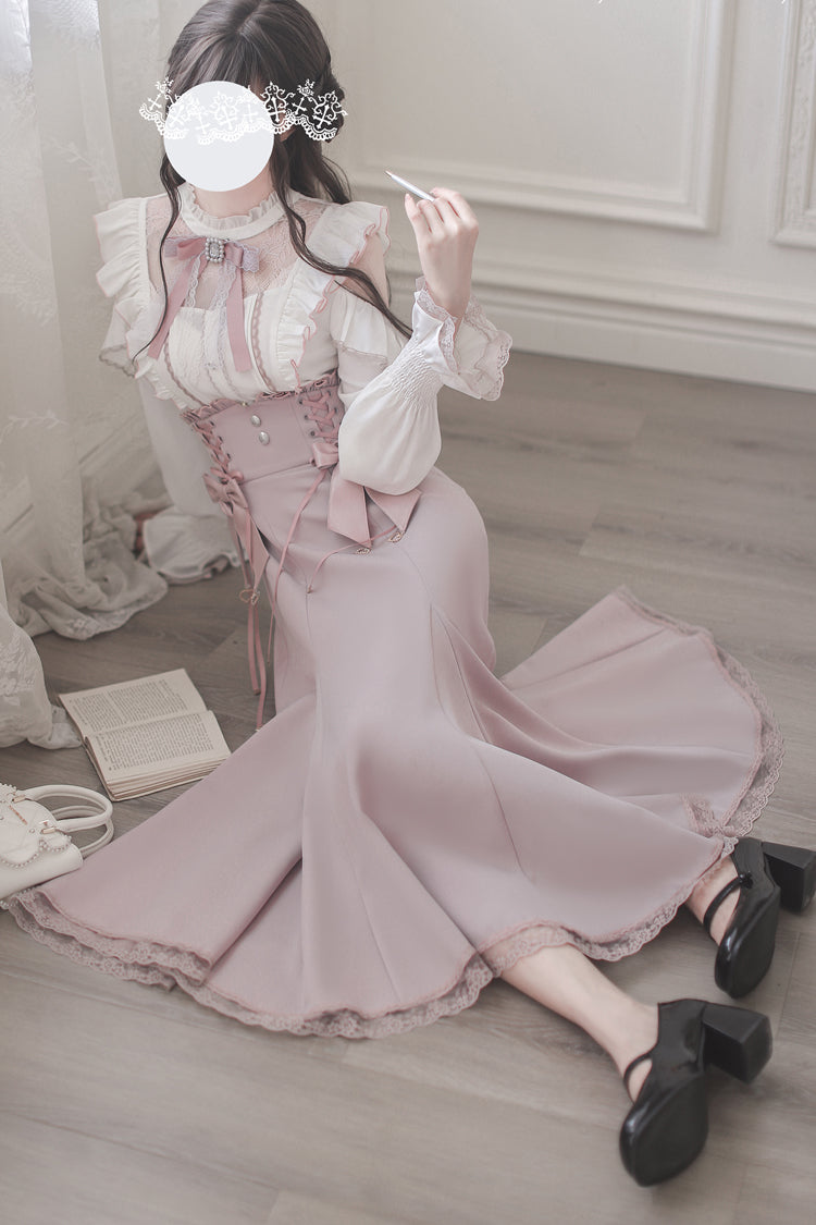 Pink Ruffle Bowknot Slim Sweet Elegant Lolita Fishtail Skirt Dress - Product - 2
