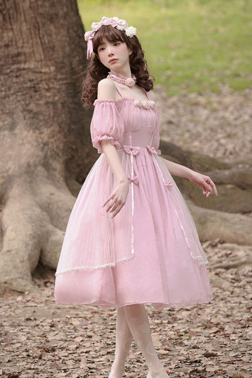 Boat Neck Bubble Short Sleeve Flower Embellished High Waisted Sweet Lolita Dress - Product - 4