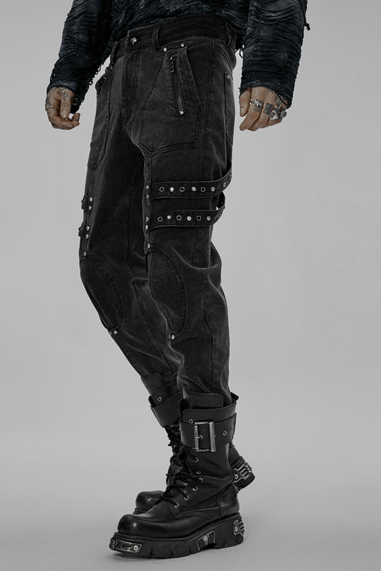 Black Skull Buckles Stitching Metal Nails Men's Steampunk Pants - Product - 2