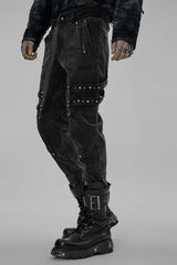 Black Skull Buckles Stitching Metal Nails Men's Steampunk Pants - Product - 2