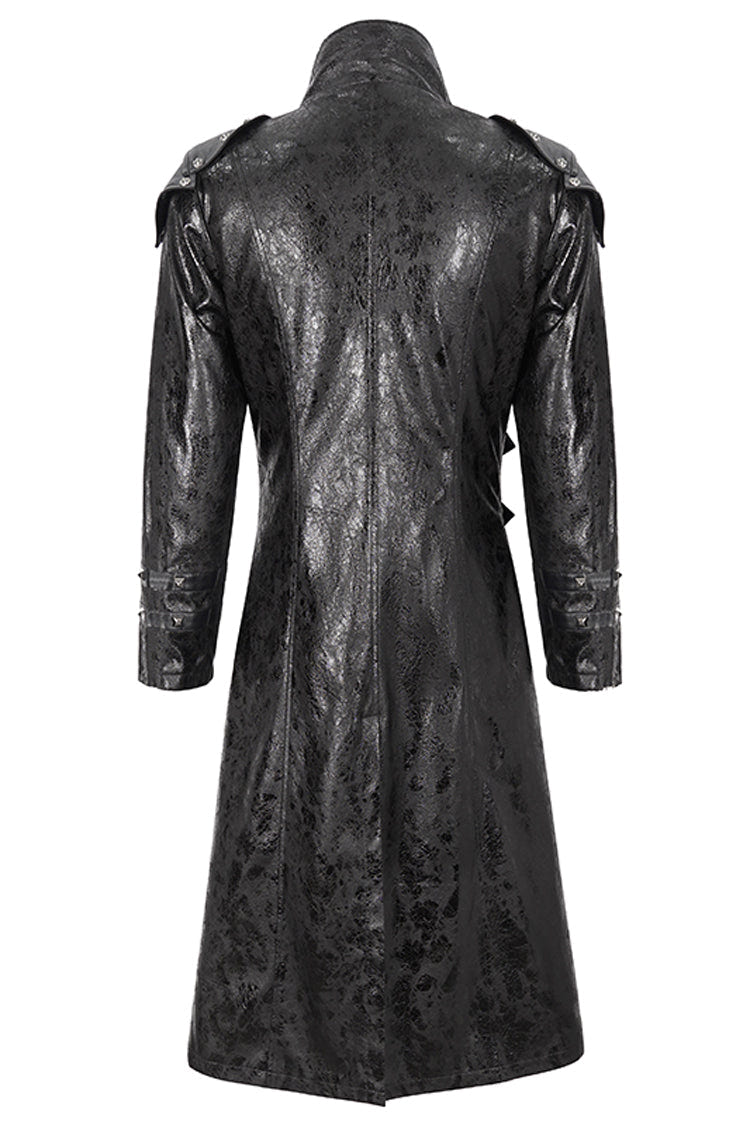 Black Stand Collar Multi Buckle Faux Long Leather Men's Punk Coat - Product - 10