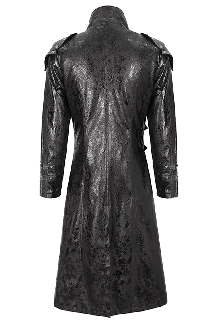Black Stand Collar Multi Buckle Faux Long Leather Men's Punk Coat - Product - 10