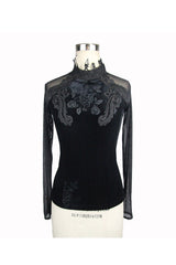 Black High Collar Front Chest Rose Decals Mesh Long Sleeve Rose Embossed Velvet Women's Gothic T-Shirt - Product - 7