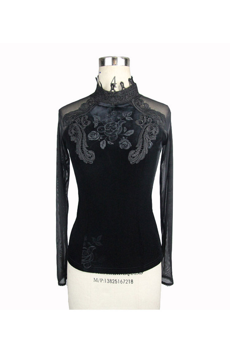Black High Collar Front Chest Rose Decals Mesh Long Sleeve Rose Embossed Velvet Women's Gothic T-Shirt - Product - 7