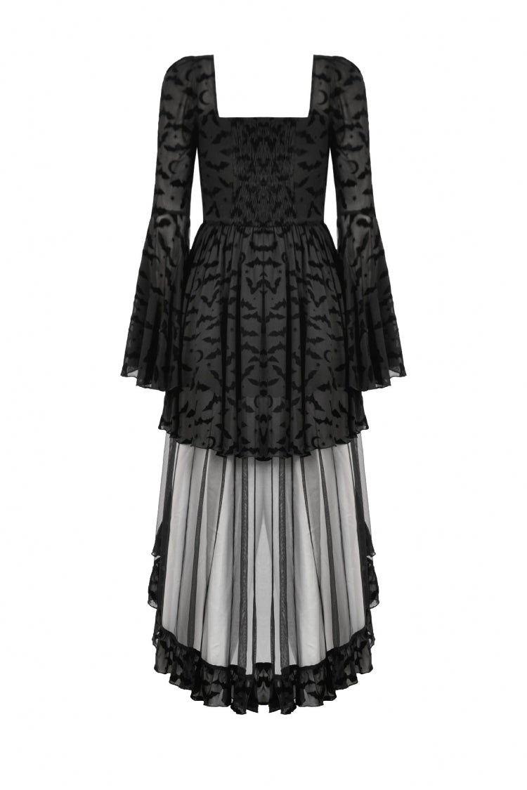 Black Square Collar Long Trumpet Sleeves Bat Printed Lace Irregular Hem Women's Gothic Dress - Product - 15