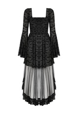 Black Square Collar Long Trumpet Sleeves Bat Printed Lace Irregular Hem Women's Gothic Dress - Product - 15
