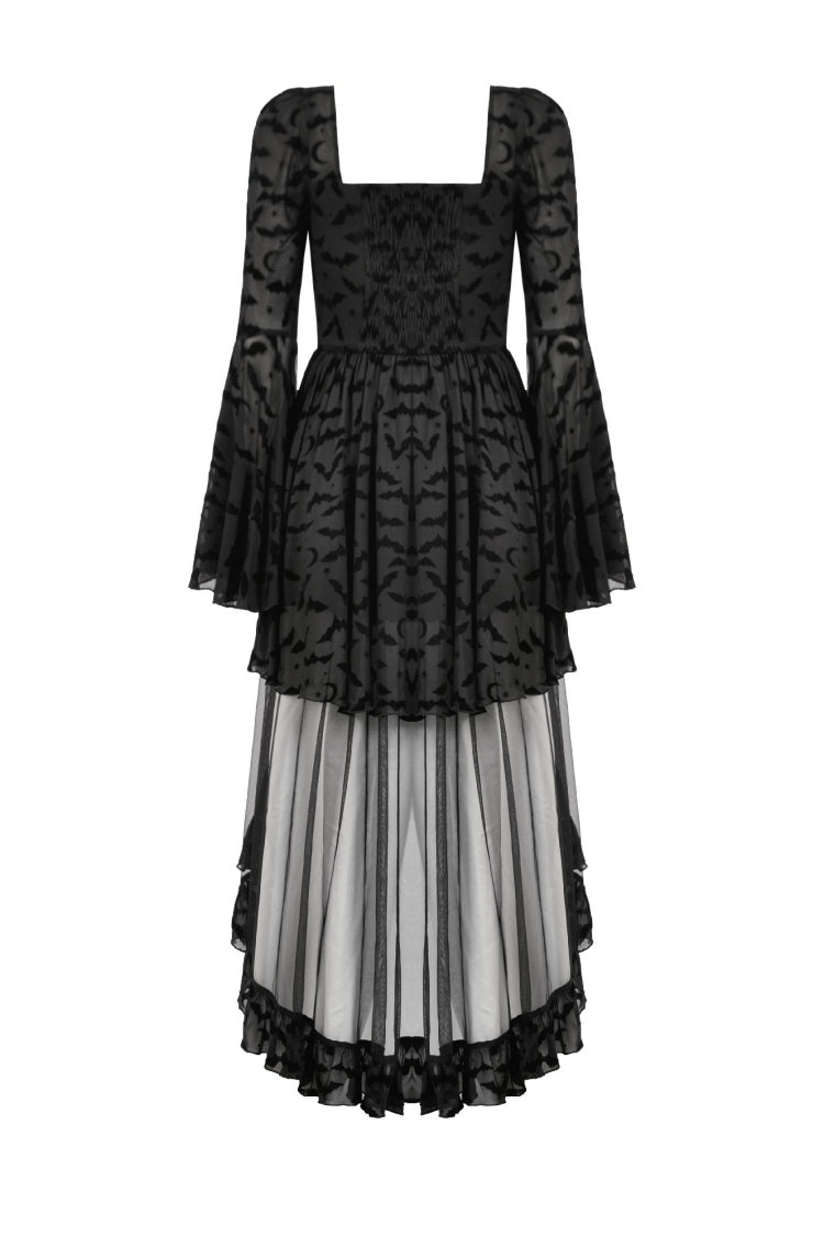 Black Square Collar Long Trumpet Sleeves Bat Printed Lace Irregular Hem Women's Gothic Dress - Product - 15