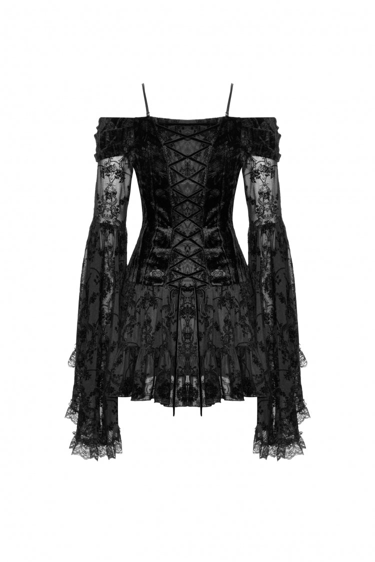 Black Off Shoulder Long Trumpet Sleeves Velvet Spliced Mesh Women's Gothic Graduation Dress - Product - 12
