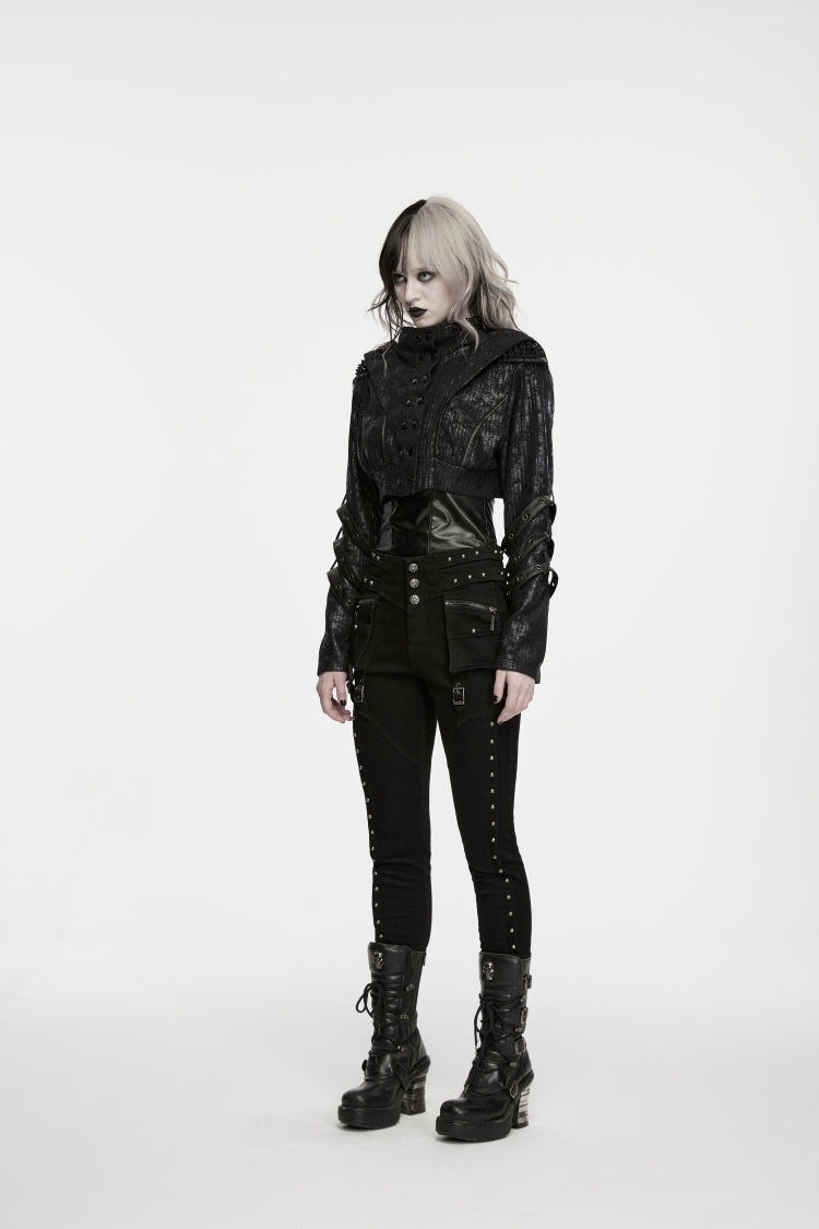 Black Slim Fit Studded Women's Punk Cool Pants with Pockets - Product - 7