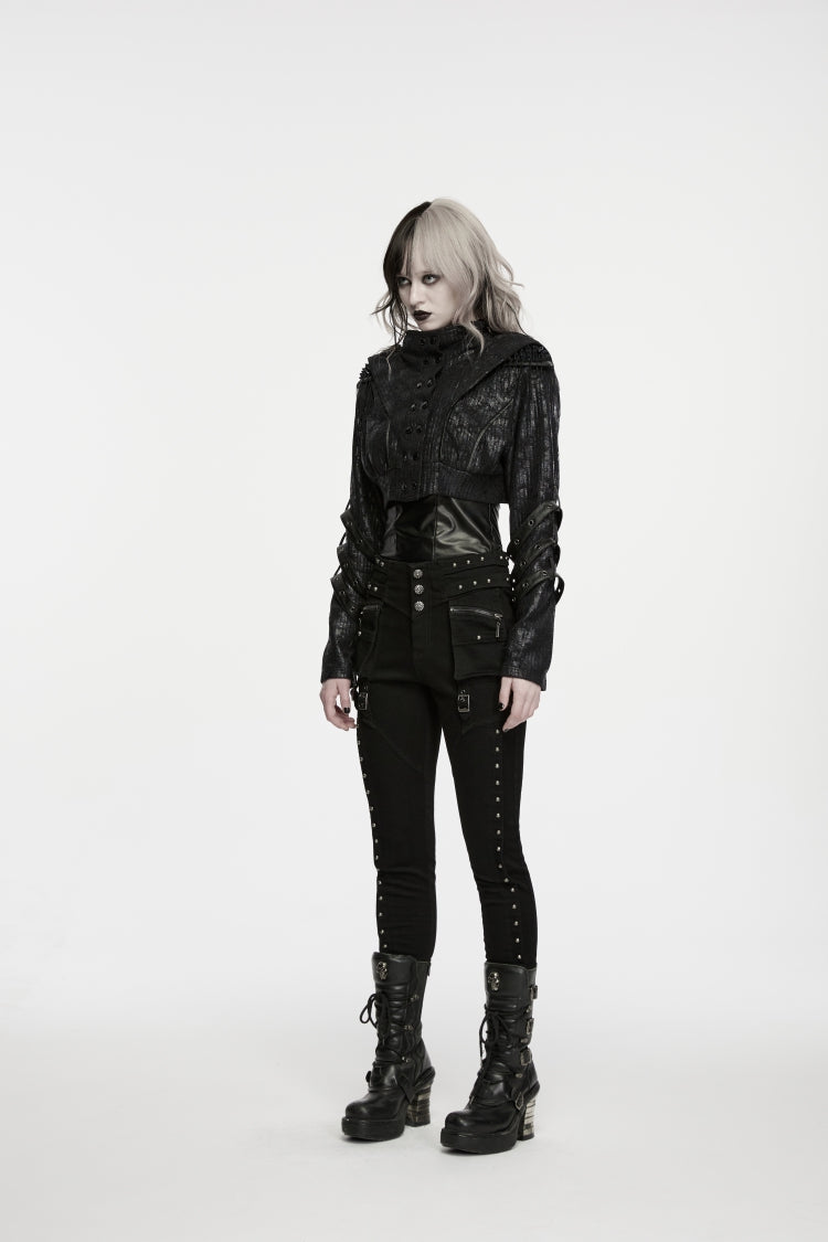 Black Slim Fit Studded Women's Punk Cool Pants with Pockets - Product - 7