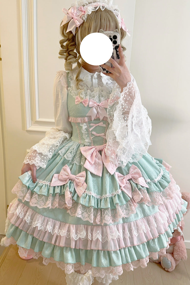 Grüne, mehrlagige Rüschen, Schleife, Nähte, Spitze, süß (Kleid einzeln), Detailansicht 6