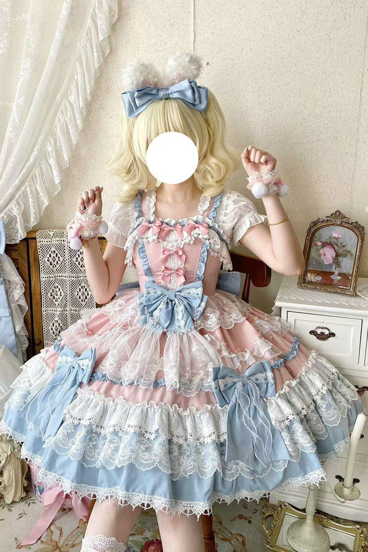 Blue Sleeveless Multi-Layered Ruffle Bowknot Lace Sweet Gorgeous Lolita Doll Jsk Dress - Product - 3