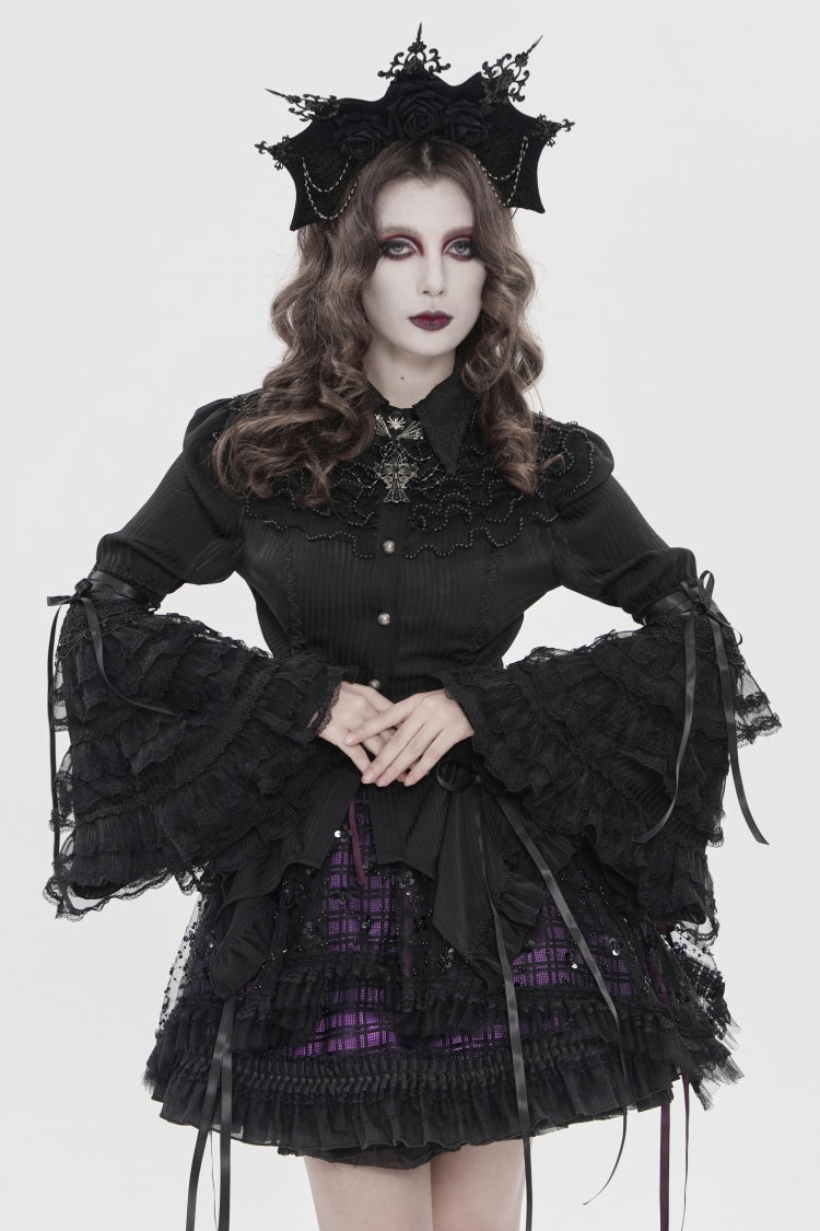 Black Lapel Collar Long Trumpet Sleeves Lace Lace-Up Women's Gothic Blouse - Black - 1