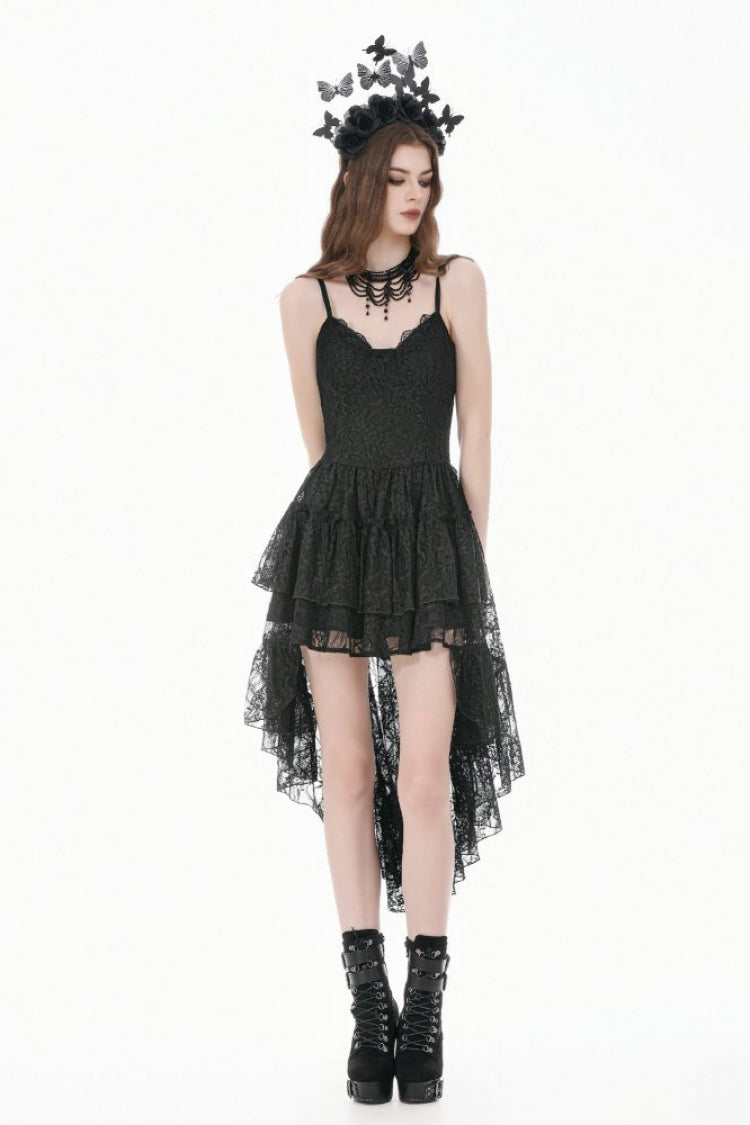 Black Women's Gothic Vintage Lace Multi-Layered Ruffled High-Low Slip Dress - Product - 8