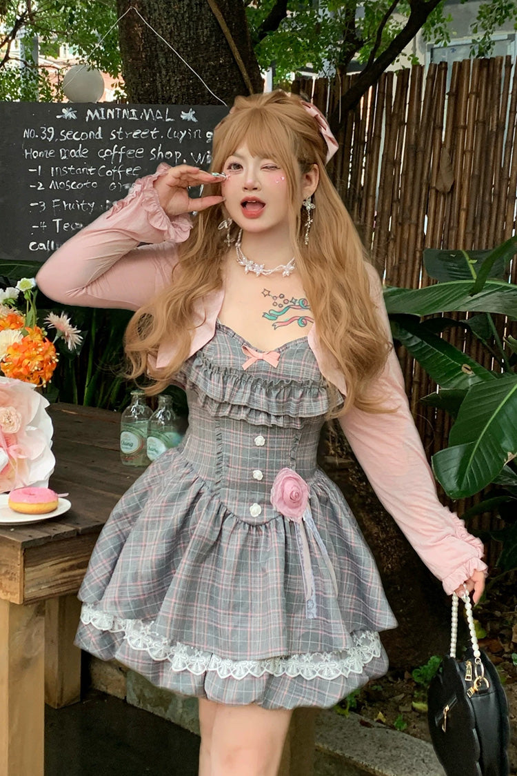 Grey Square Collar Sleeveless Printed Ruffled Lace Rose Sweet Japanese Plus Size Lolita Jsk Dress - Grey - 1