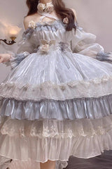 Grey/Blue [Spring of Boliya] Long Sleeves Multi-Layered Ruffle Bowknot Lace Lace-Up Sweet Princess Lolita Dress - Product - 9
