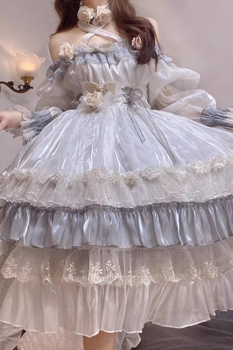 Grey/Blue [Spring of Boliya] Long Sleeves Multi-Layered Ruffle Bowknot Lace Lace-Up Sweet Princess Lolita Dress - Product - 9